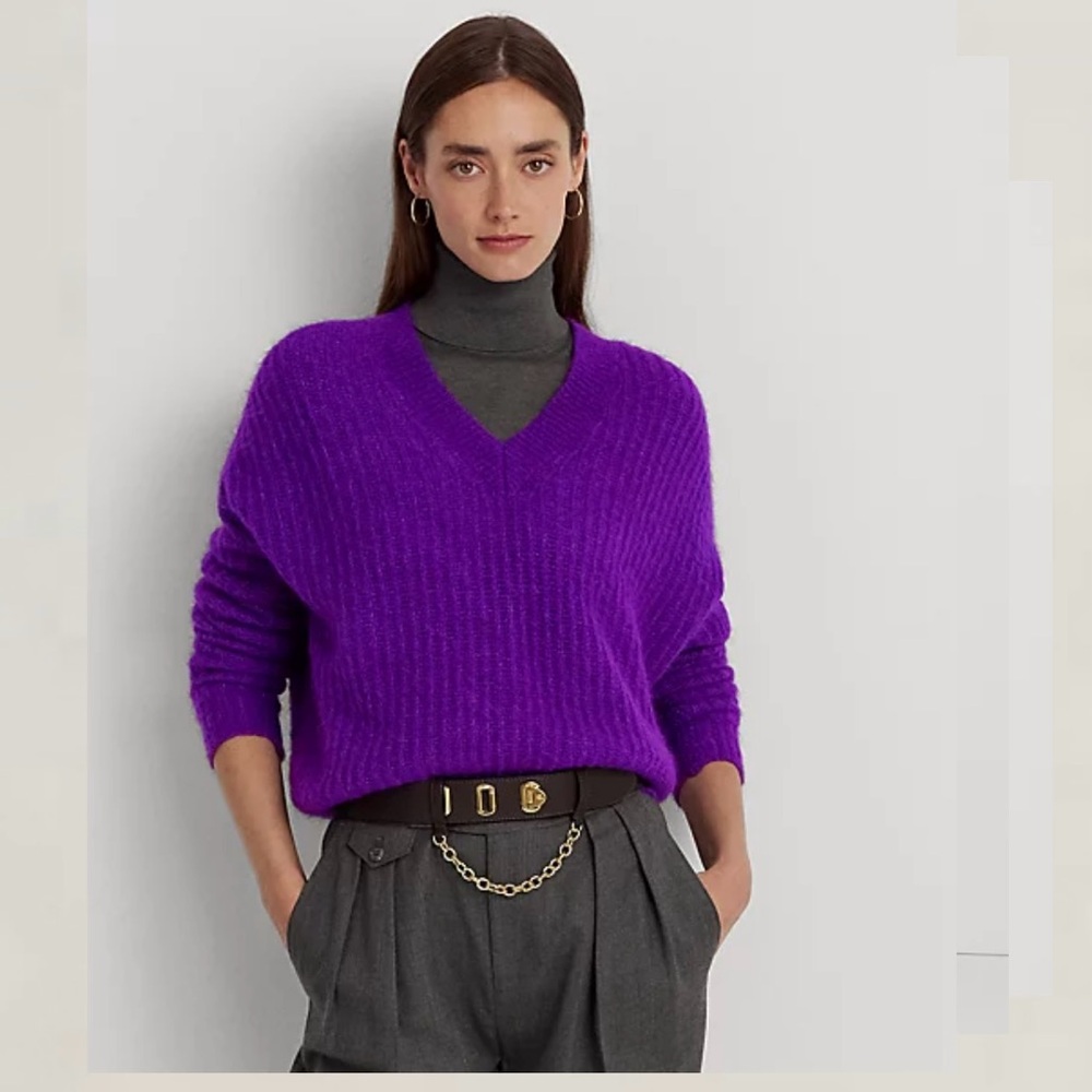 RALPH LAUREN Wool Blend Ribbed V-Neck Purple Sweater S NWT
